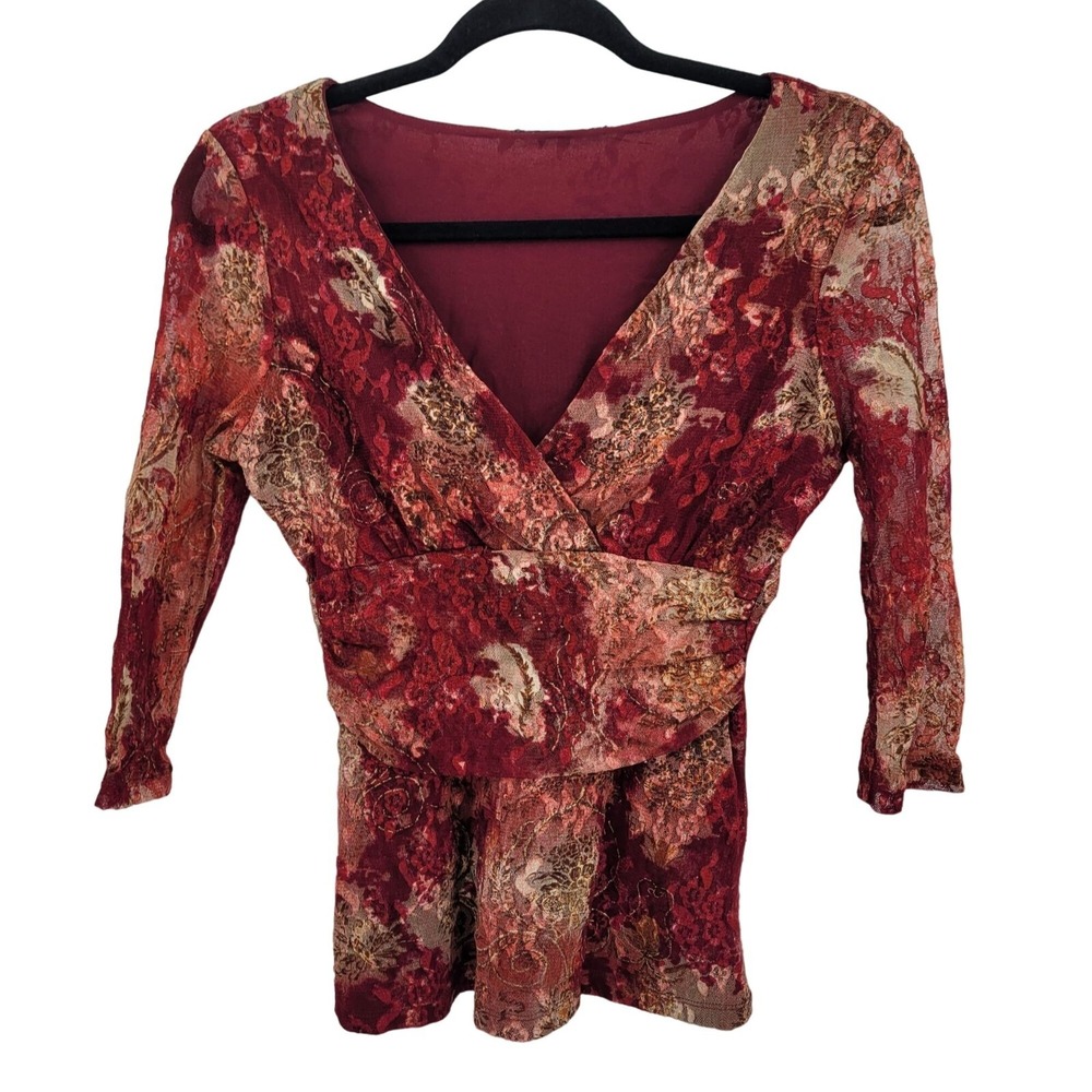 Vtg 90s Y2K Lace Baby Doll Lace Blouse Top Sz M Red Sheer Ruched‎ Baddie Sexy